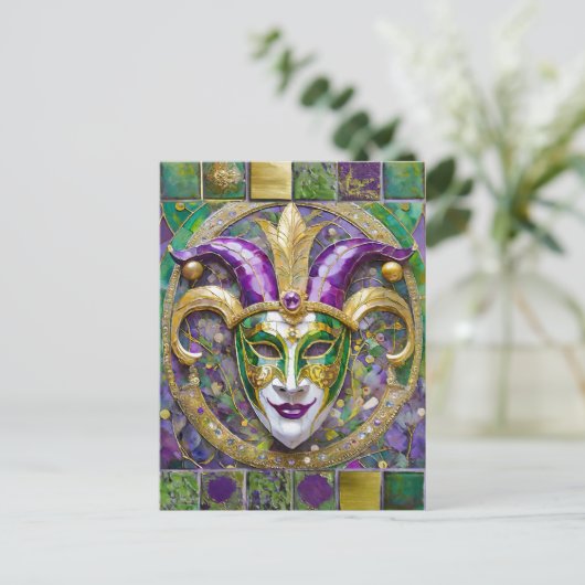 Carte Postale Masque Mardi Gras Jester Vert Or (Debout devant)