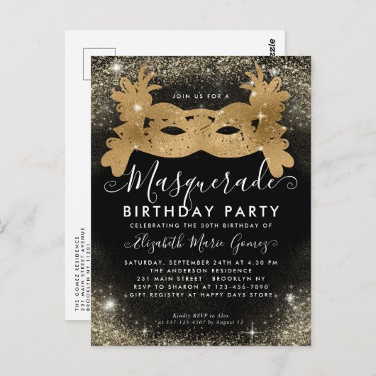 Carte Postale Masquerade Black Gold Parties scintillant Dust Ann (Devant / Derrière)