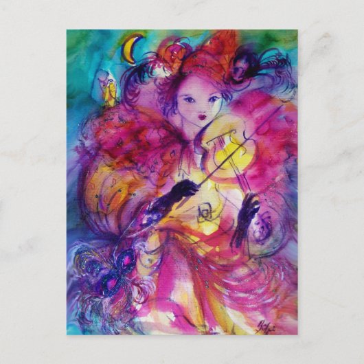 Carte Postale MASQUERADE NUIT Carnaval Musicien en costume rose (Devant)