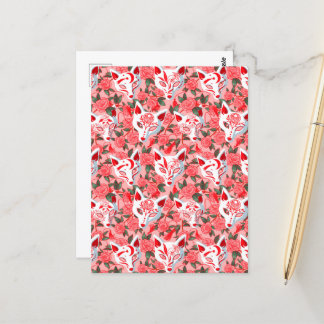 Carte Postale Masques Kitsune et camélia fleurie sur rose