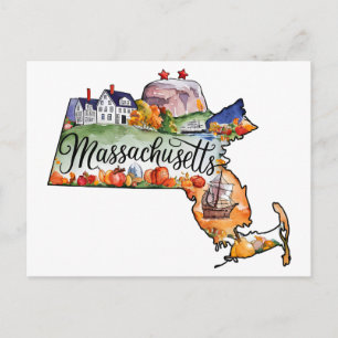 Carte Postale Massachusetts États-Unis État Forme Aquarelle Vint