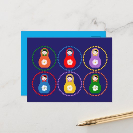 Carte Postale Matriochka à la pâquerette (Devant/Arrière en situation)