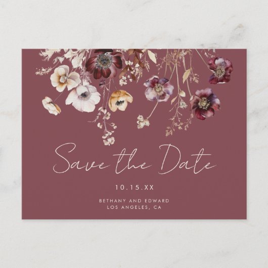 Carte Postale Mauve Automne Floral Wedding Enregistrer la date (Devant)