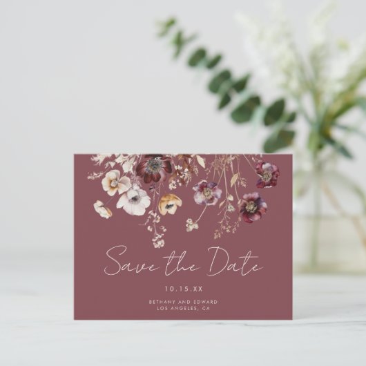 Carte Postale Mauve Automne Floral Wedding Enregistrer la date (Debout devant)