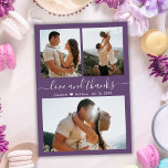 Carte Postale Mauve Thanks 3 Photo Collage Mariage Merci<br><div class="desc">Budget Élégant minimaliste Élégant Mauve Violet couleur main Script 3 Photo Collage Mariage Merci Postard. Un modèle mariage simple et élégant avec trois (3) photos sur le devant et une (1) photo sur le dos. Avec le texte "Amour et merci" dans une tourbillonnant police de calligraphie ou de script de...</div>