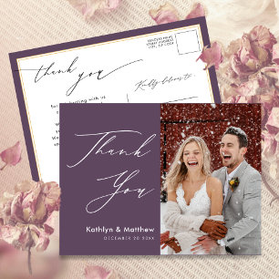 Carte Postale Mauve violet moderne Mariage de photo Merci