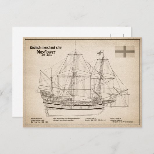 Carte Postale Mayflower - Plans de conception de navire SD (Devant / Derrière)