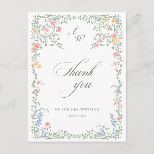 Carte Postale Meadow Pastel Français Rose Mariage Merci (Devant)