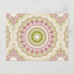 Carte Postale Médaille Mandala rose rose et vert olive