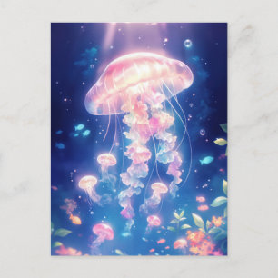 Carte Postale Méduses brillant dans l'océan sous-marin bleu prof