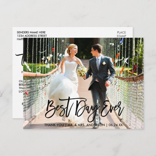 Carte Postale Meilleur jour jamais Brush Script Mariage Remercie (Devant / Derrière)