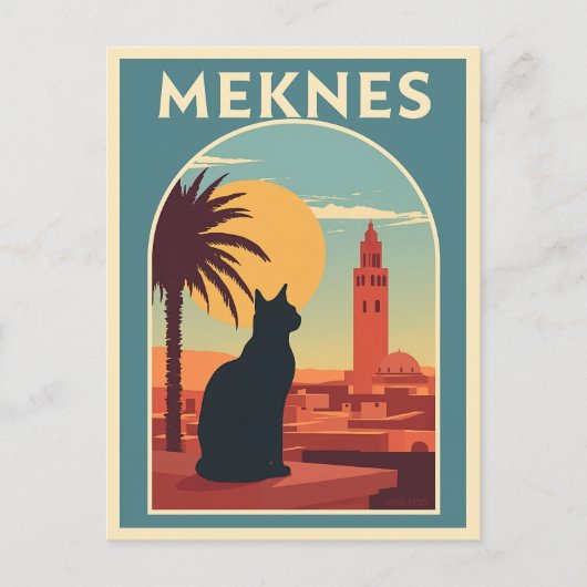 Carte Postale Meknes Maroc Sunset Cat Art (Devant)