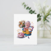 Carte Postale Mémé à vélo avec gâteau et ballons (Debout devant)