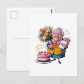 Carte Postale Mémé à vélo avec gâteau et ballons (Devant / Derrière)
