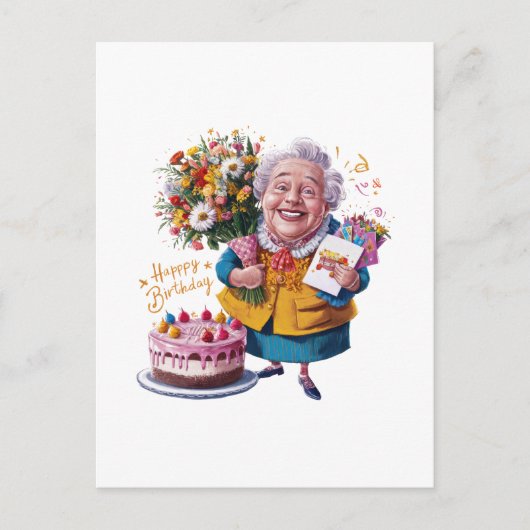 Carte Postale Mémé à vélo avec gâteau et ballons (Devant)