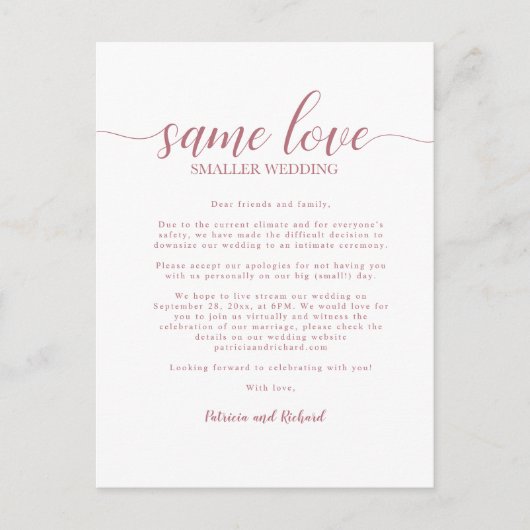 Carte Postale Même Amour Downsize Mariage Rose or (Devant)