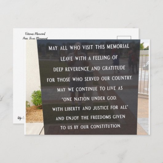 Carte Postale Mémorial des anciens combattants (Devant / Derrière)