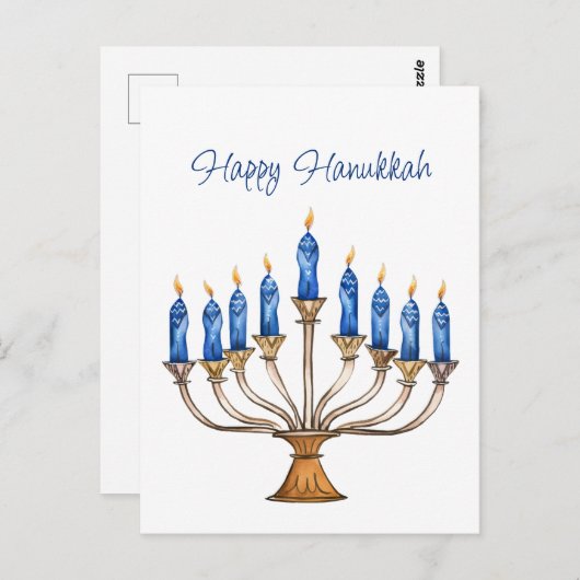 Carte Postale Menorah avec bougies allumées Joyeux Hanukkah (Devant / Derrière)