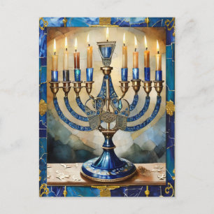 Carte Postale Menorah de Hanukkah bleue