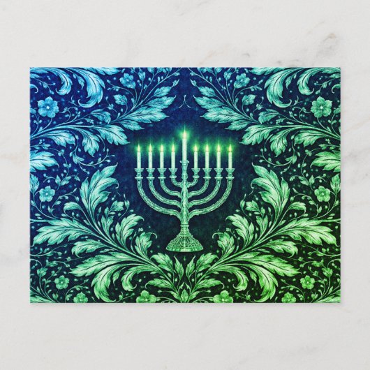 Carte Postale Menorah Navy Profond Motif William Morris (Devant)