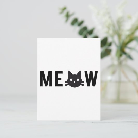Carte Postale Meow, avec visage de chat noir, conception de text (Debout devant)