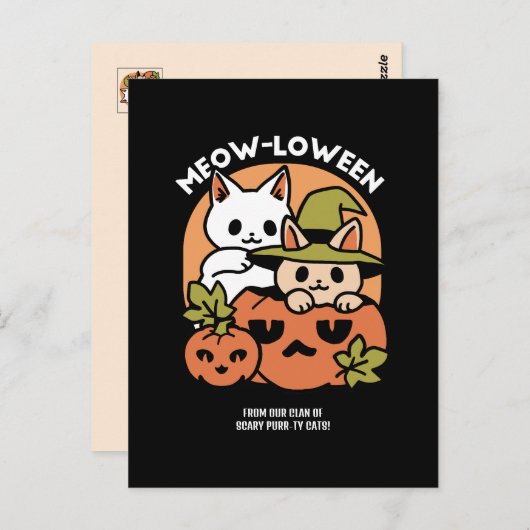 Carte Postale Meow-Loween - Festive Halloween Conception de chat (Devant / Derrière)