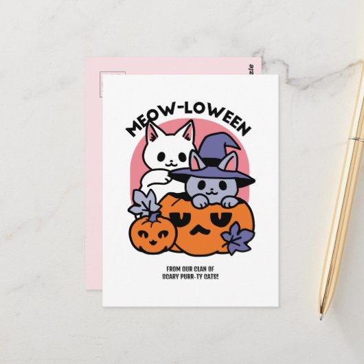 Carte Postale Meow-Loween - Joli design de chat pour Halloween (Devant/Arrière en situation)