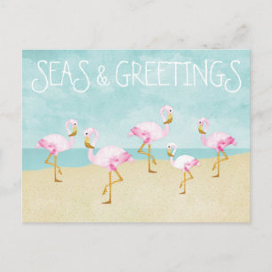 Carte Postale Mer et salutations Aquarelle Flamants roses roses