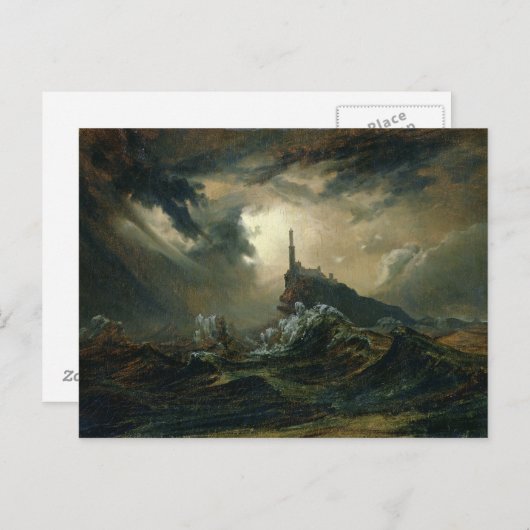 Carte Postale Mer orageuse avec phare (Devant / Derrière)
