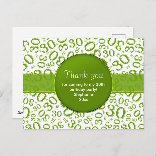 Carte Postale Merci 30ème Vert/Blanc Numéro d'Anniversaire Motif (Devant / Derrière)