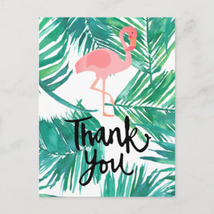 Carte Postale merci à la main flamingo sur les palmiers tropicau