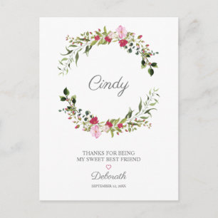 Carte Postale Merci à vos Bestamis Floral Wreath en rouge et ros