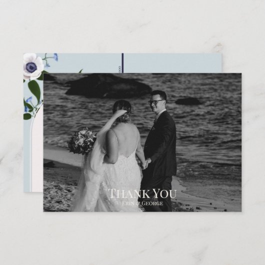 Carte postale Merci : Anémone et delphinium bleu (Devant / Derrière)