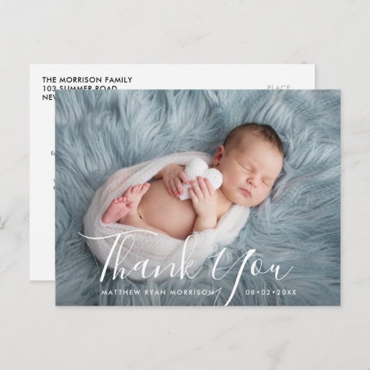 Carte Postale MERCI | annonce de naissance de script en lettres (Devant / Derrière)