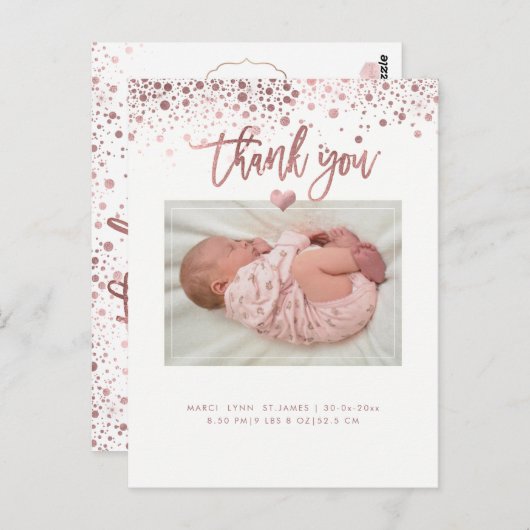 Carte Postale Merci baby shower/Faux Rose or éblouis (Devant / Derrière)