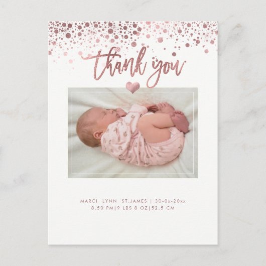 Carte Postale Merci baby shower/Faux Rose or éblouis (Devant)