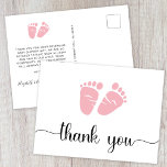 Carte Postale Merci Baby shower fille mignonne<br><div class="desc">Jolie carte postale merci pour votre douche bébé fille avec "merci" dans un script élégant avec des swashes et une aquarelle rose des pieds bébé. Au verso,  personnalisez votre message de remerciement ou laissez vide pour une note manuscrite.</div>