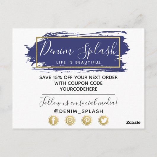 Carte Postale Merci Blue Paint Stroke & Modern Gold Geo (Dos)