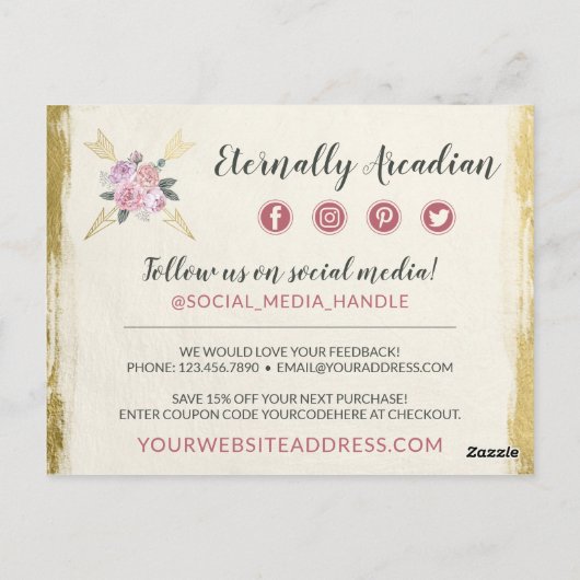 Carte Postale Merci Bohème Flore Flèches Flexible Or (Dos)