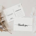 Carte postale Merci calligraphie minimaliste<br><div class="desc">Cette calligraphie minimaliste merci carte postale est parfaite pour un simple mariage. Le design sobre et élégant présente une typographie de script classique et sophistiquée en noir et blanc. Customisez le dos de la carte postale, y compris vos noms, votre adresse de retour et un message de remerciement. Ou, laissez...</div>