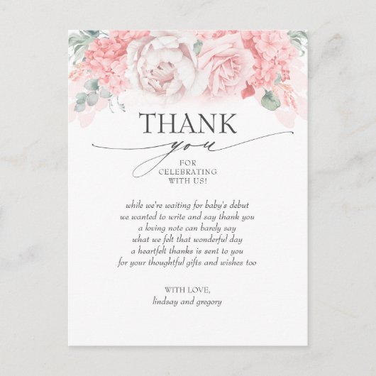 Carte Postale Merci de Baby shower aux fleurs roses douces (Devant)