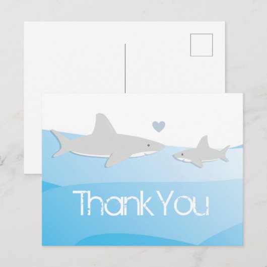 Carte Postale Merci de Baby shower bleu requin (Devant / Derrière)