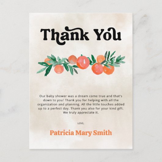 Carte Postale Merci de Baby shower orange Little Cutie (Devant)