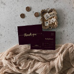 Carte Postale Merci de calligraphie de la Bourgogne d'or<br><div class="desc">Cette calligraphie bordeaux or merci carte postale est parfaite pour un mariage rustique. Le design sobre et élégant présente une typographie classique or et une typographie de script sophistiquée dans un arrière - plan marron. Customisez le dos de la carte postale, y compris vos noms, votre adresse de retour et...</div>