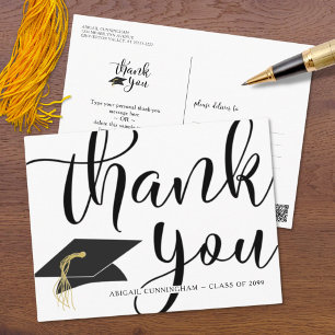 Carte Postale Merci de graduation noir et blanc chic Script