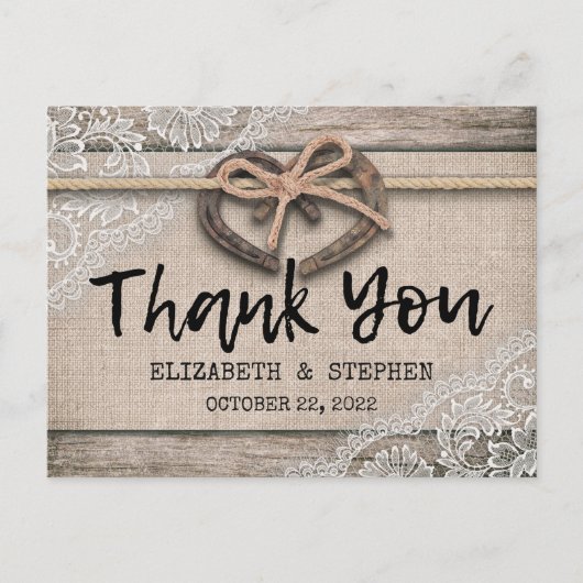 Carte Postale Merci de Mariage de dentelle Burlap (Devant)