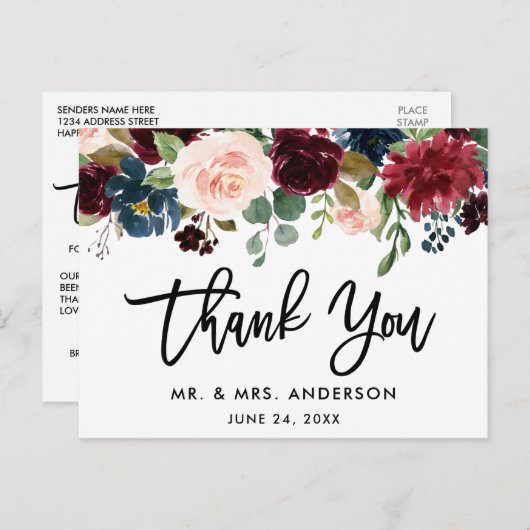 Carte Postale Merci de mariage floral bleu bordeaux écriture pin (Devant / Derrière)