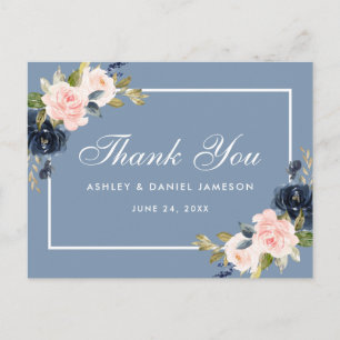 Carte Postale Merci de Mariage floral bleu pâle rose