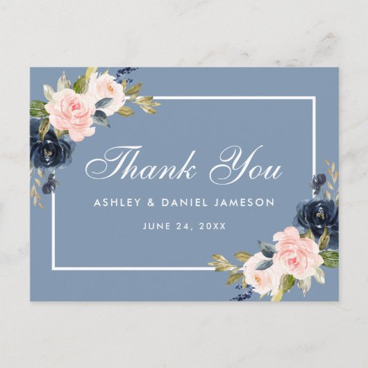 Carte Postale Merci de Mariage floral bleu pâle rose (Devant)