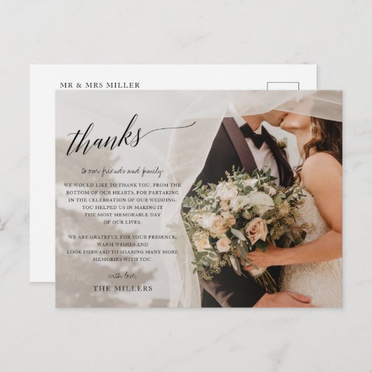 Carte Postale Merci de Mariage photo manuscrite de script simple (Devant / Derrière)